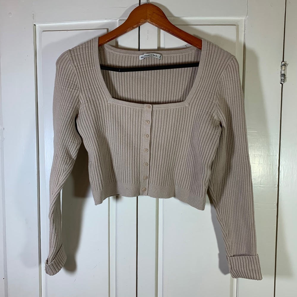 Abercrombie Fitch Ribbed Square Neck Crop Cardigan Beige Button Up Womens Medium